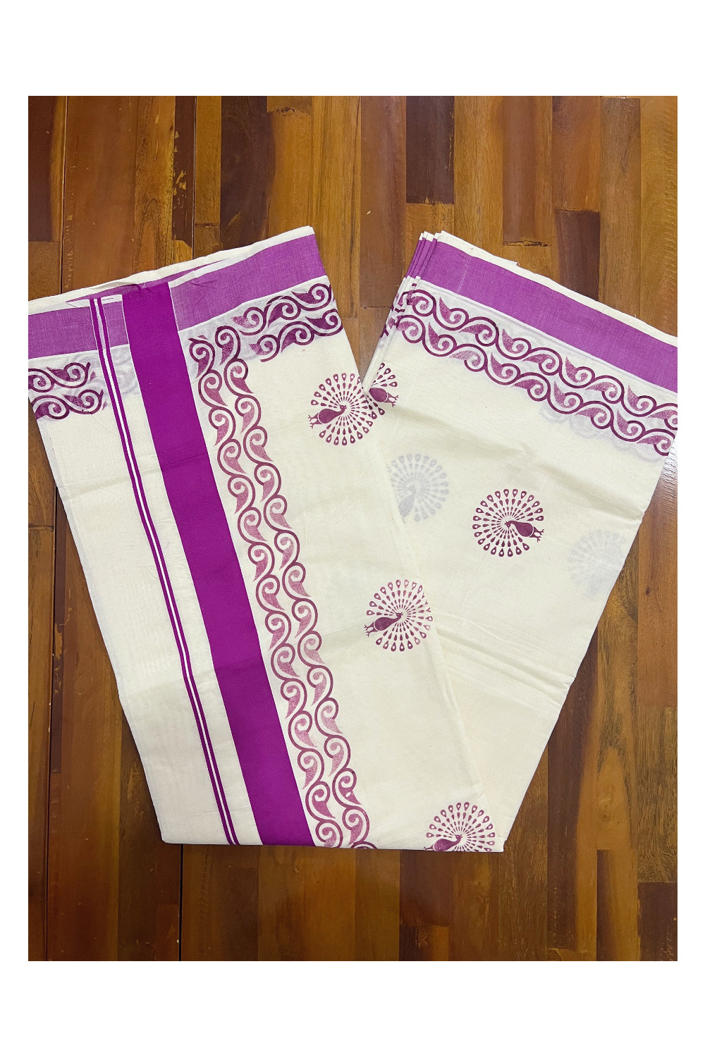 Pure Cotton Kerala Saree with Magenta Peacock Block Printed Design