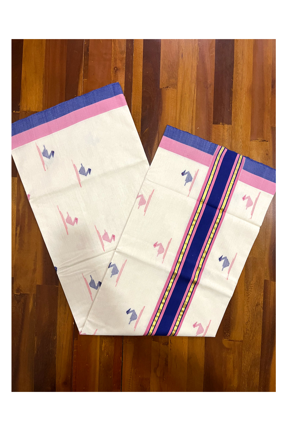 Southloom Premium Unakkupaavu Handloom Butta Works Kasavu Saree with Blue and Pink Border