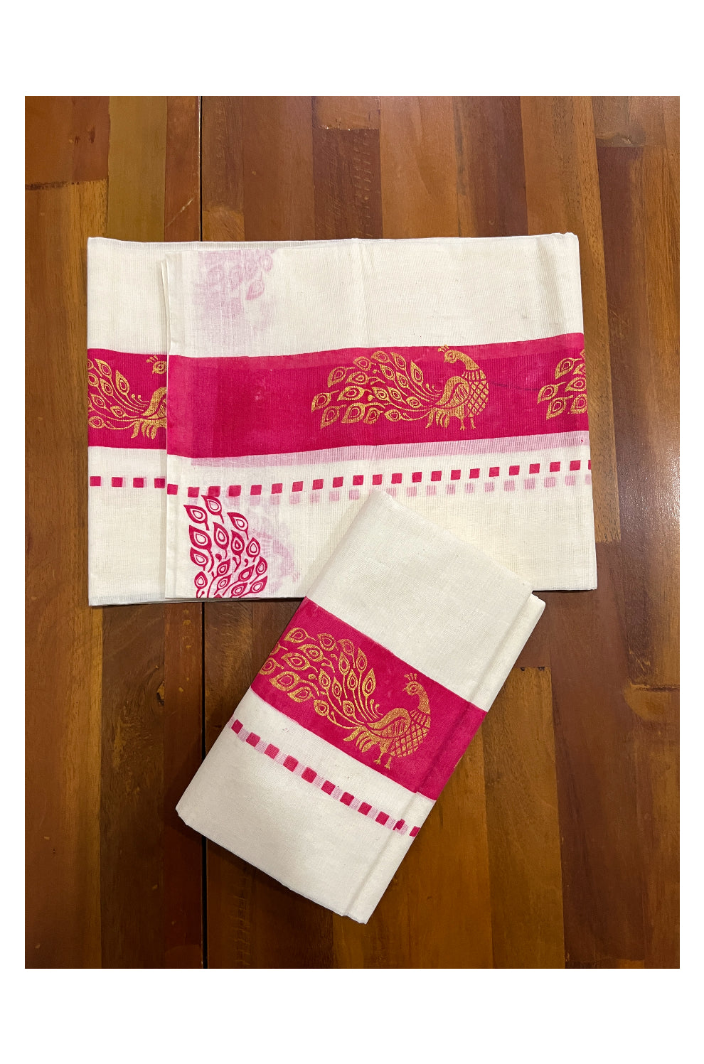 Kerala Cotton Set Mundu (Mundum Neriyathum) with Golden Peacock Block Prints on Magenta Border 2.80 Mtrs