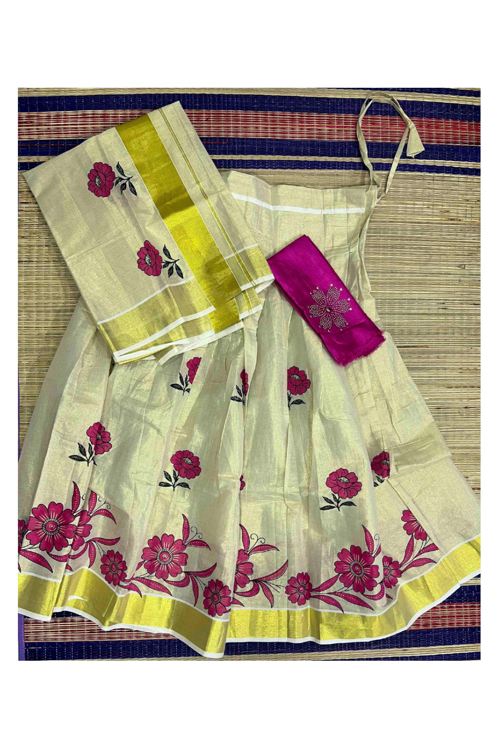 Kerala Tissue Stitched Dhavani Set with Blouse Piece and Neriyathu in with Magenta Accents and Mural Designs