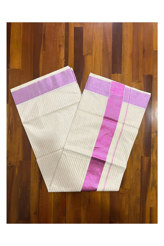 Kerala Pure Cotton Pink Kasavu Lines Saree with 3 inch Border