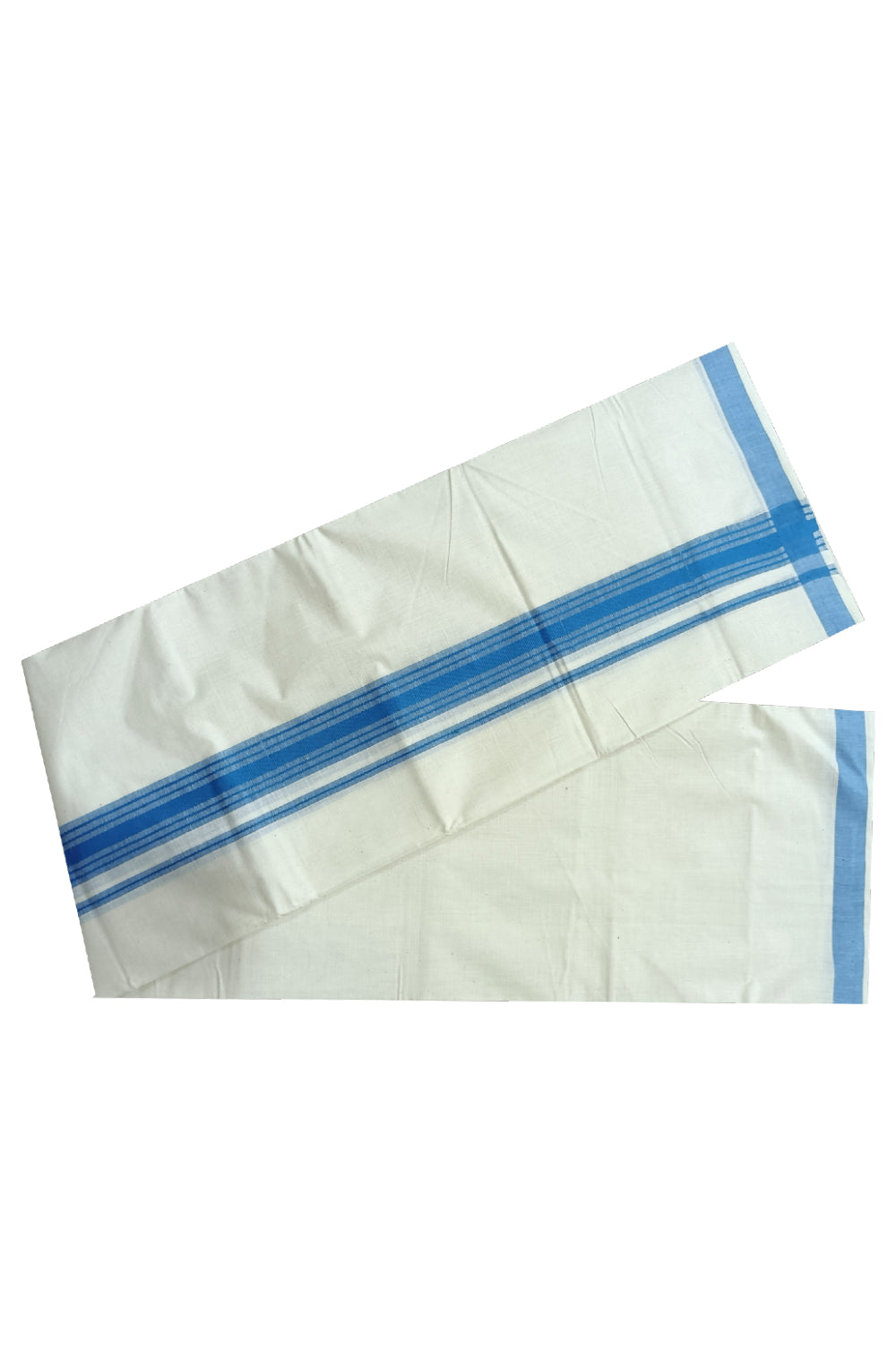 Off White Kerala Double Mundu with Blue Lines Border (South Indian Dhoti)