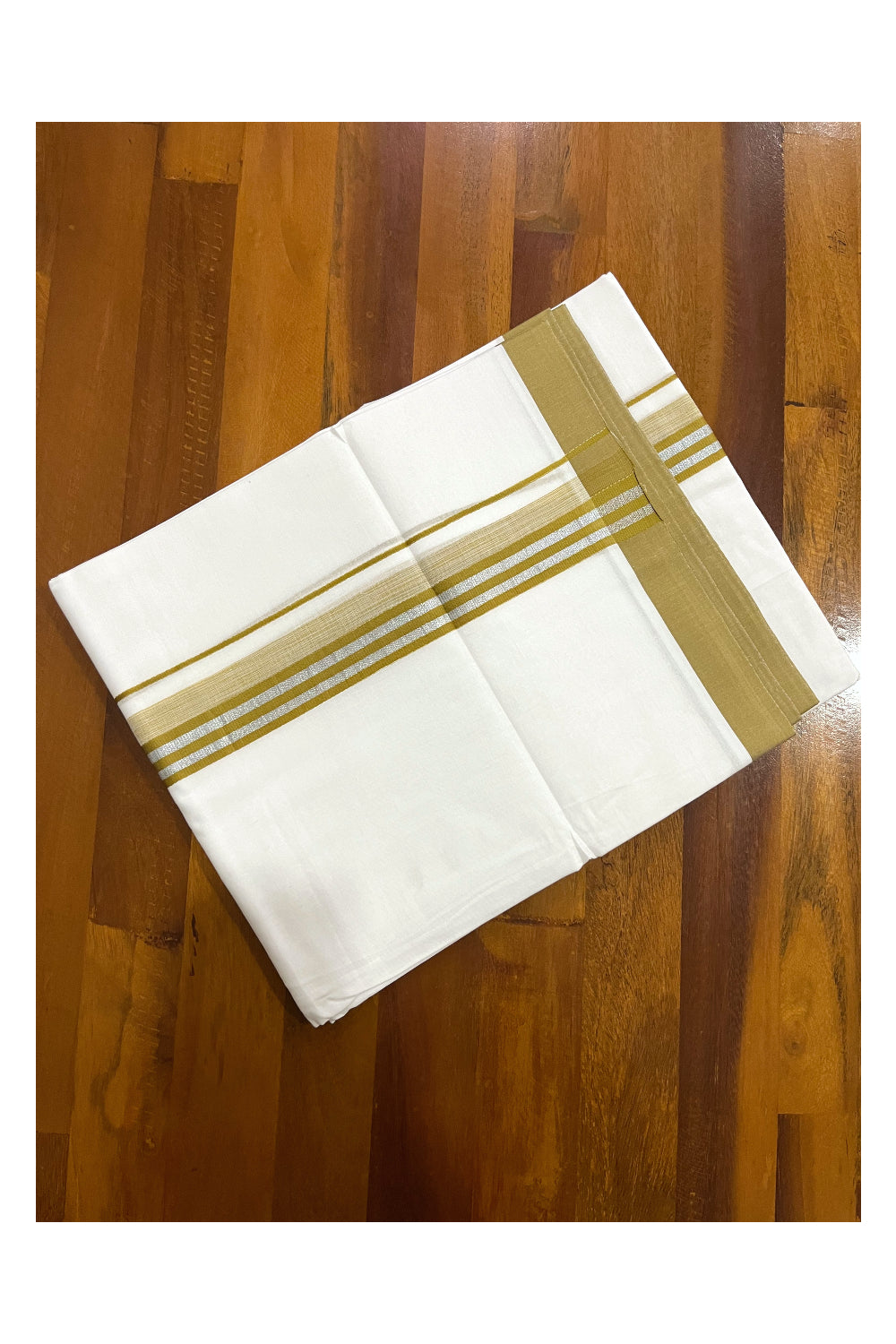 Pure White Cotton Double Mundu with Silver Kasavu and Olive Green Border (South Indian Dhoti)