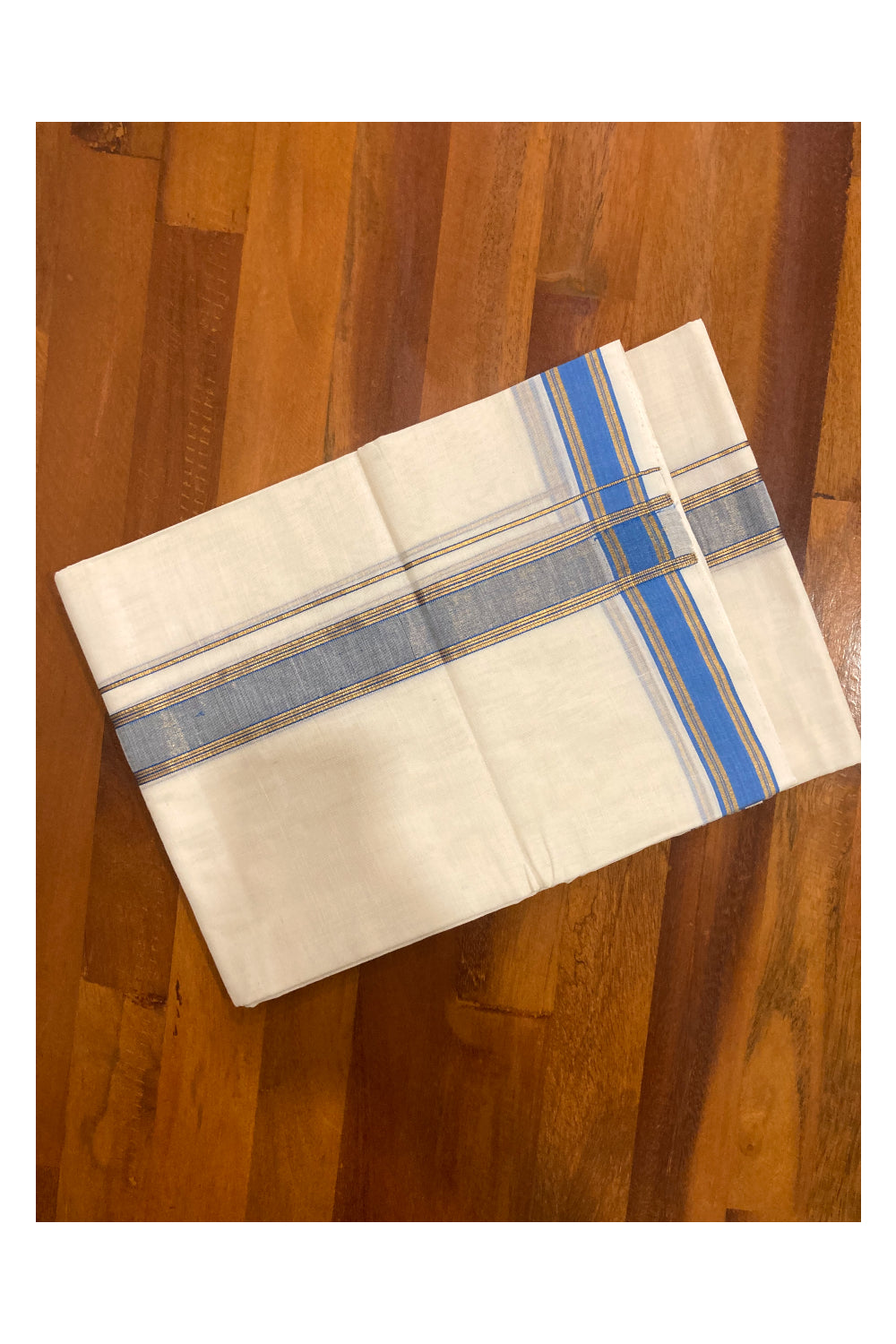 Southloom Premium Handloom Pure Cotton Mundu with Blue and Kasavu Border (South Indian Dhoti)