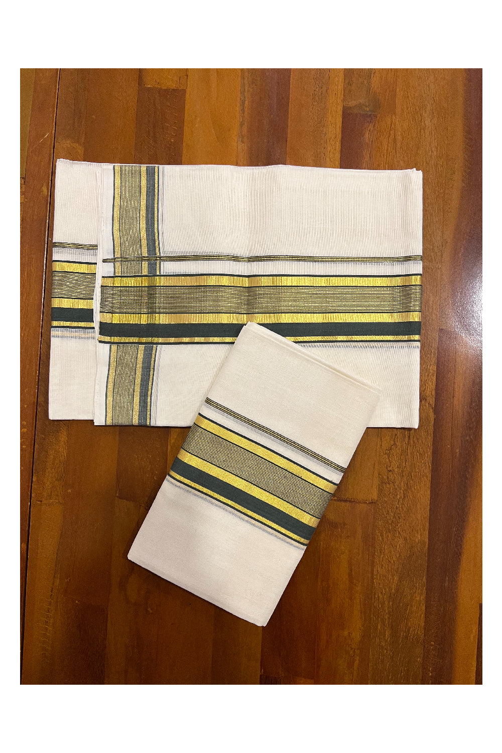 Southloom Premium Handloom Set Mundu with Kasavu and Greyish Green Line Border