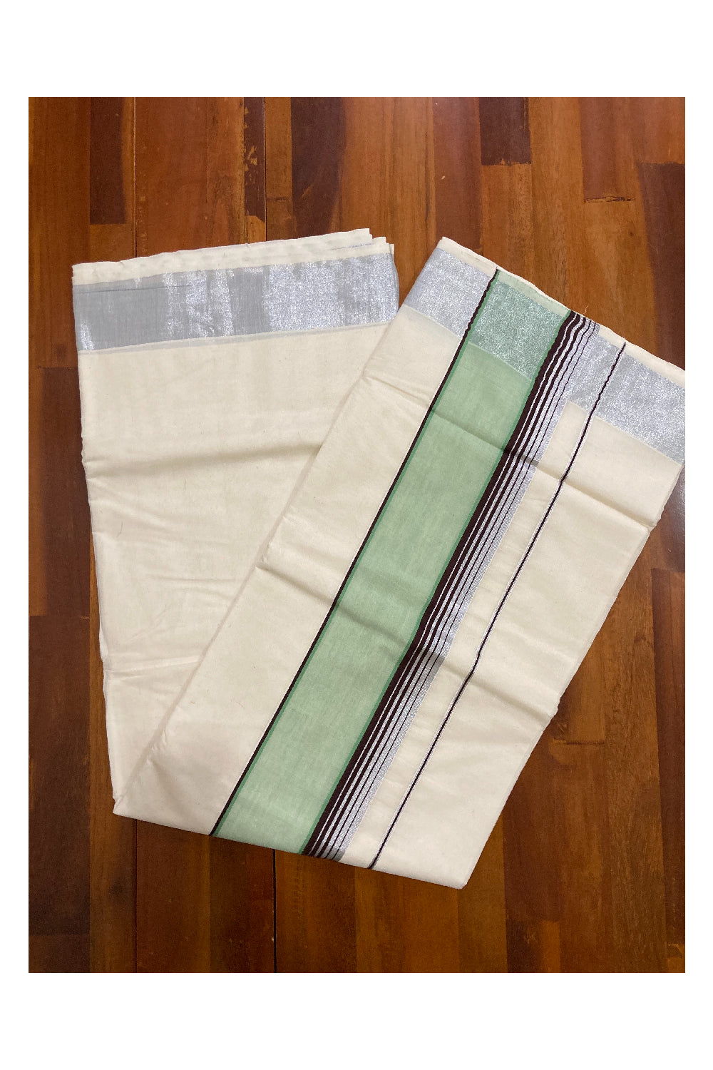 Pure Cotton Silver Kasavu Plain Saree with Dark Brown and Light Green Border