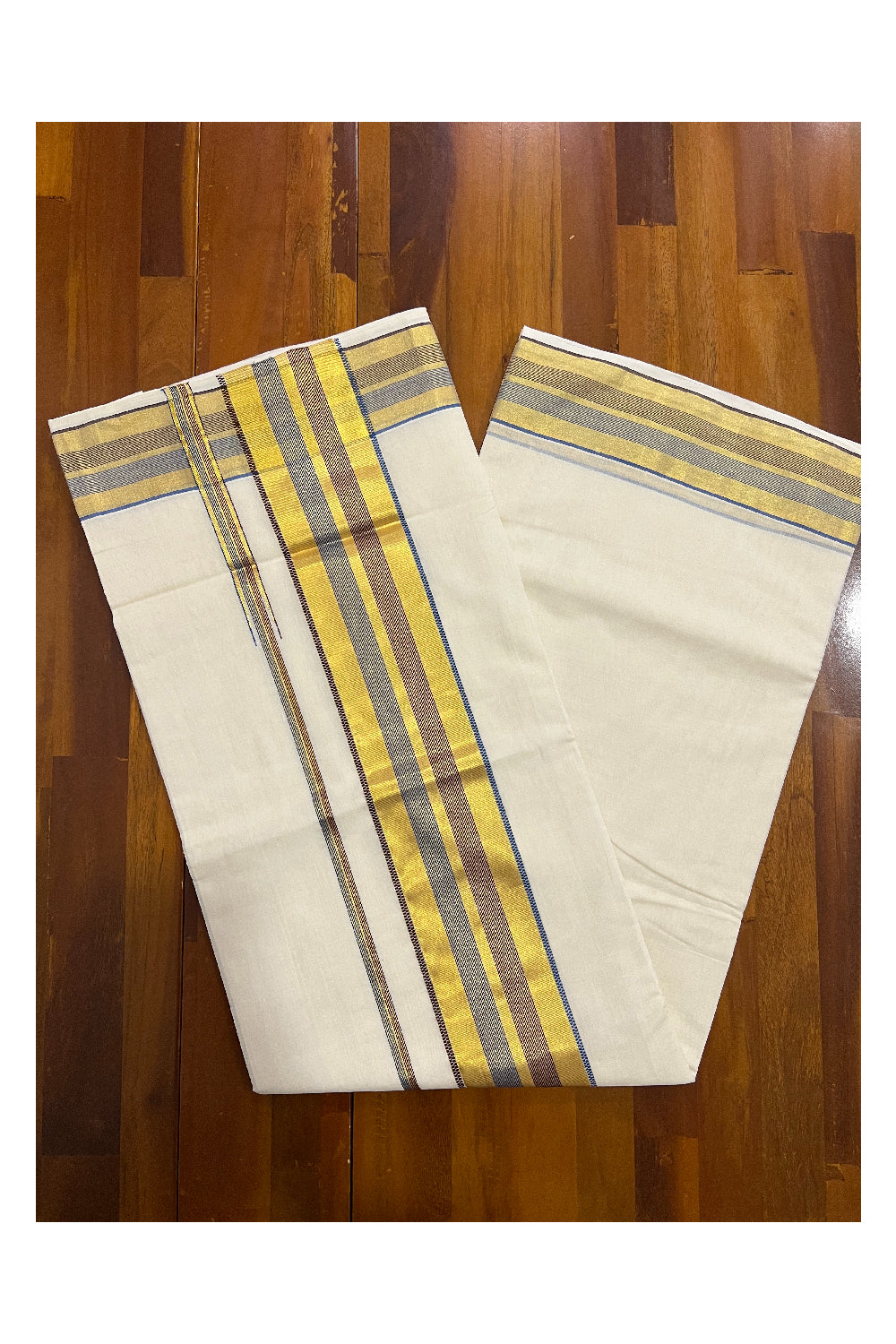 Southloom™ Premium Handloom Kerala Saree with Kasavu Blue and Brown Border