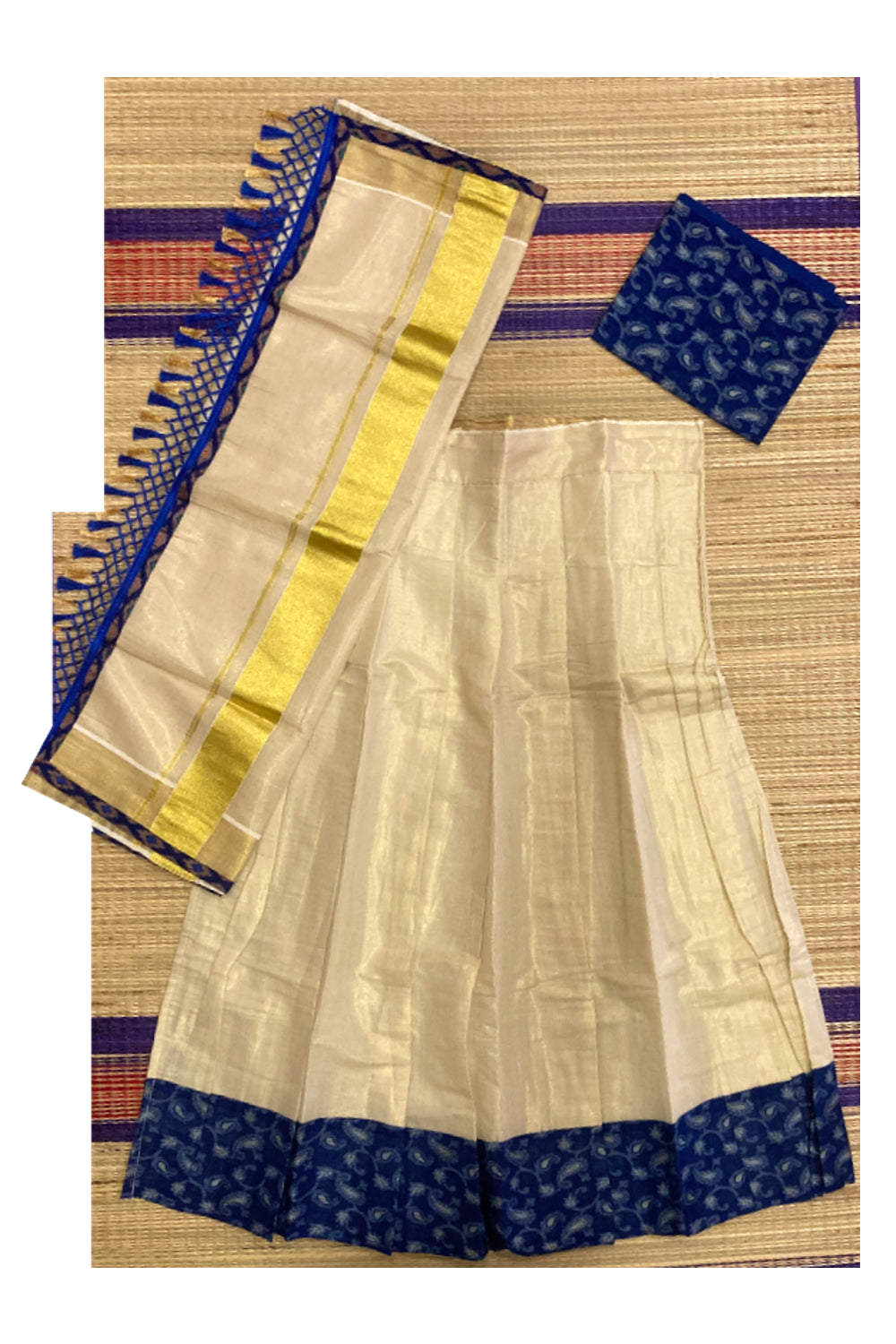 Semi Stitched Dhavani Set with Tissue Pavada and Blue Designer Blouse Piece