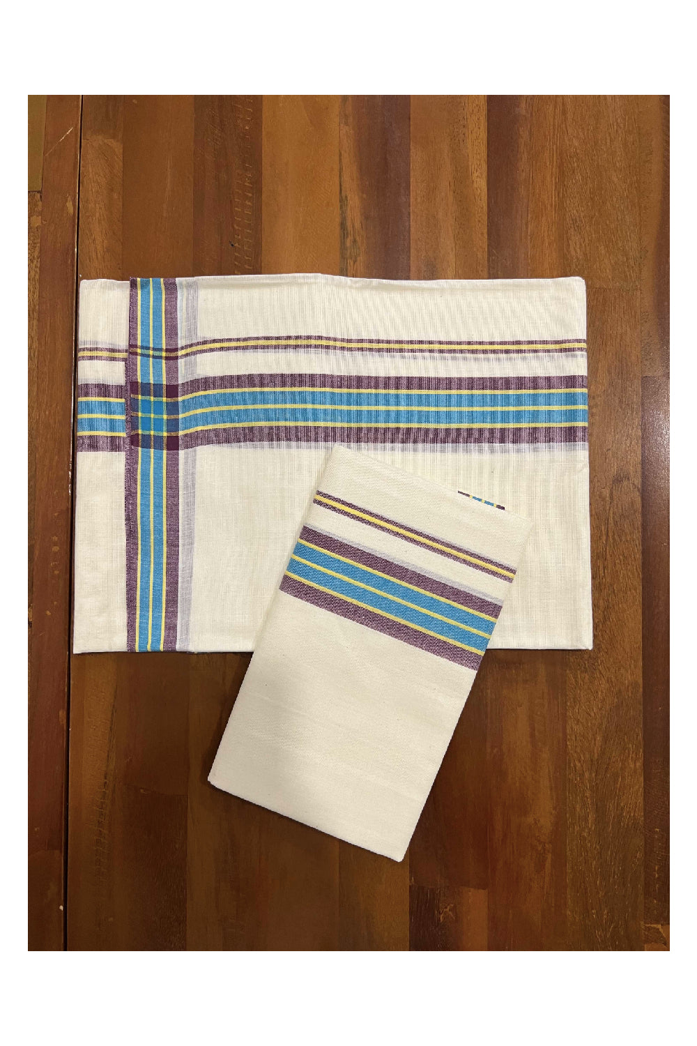 Kerala Cotton Mundum Neriyathum Single (Set Mundu) with Maroon and Blue Mulloth Border (Extra Soft Cotton)