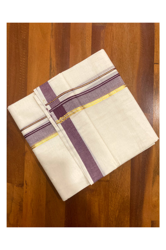 Off White Pure Cotton Double Mundu with Kasavu and Purple Border (South Indian Dhoti)