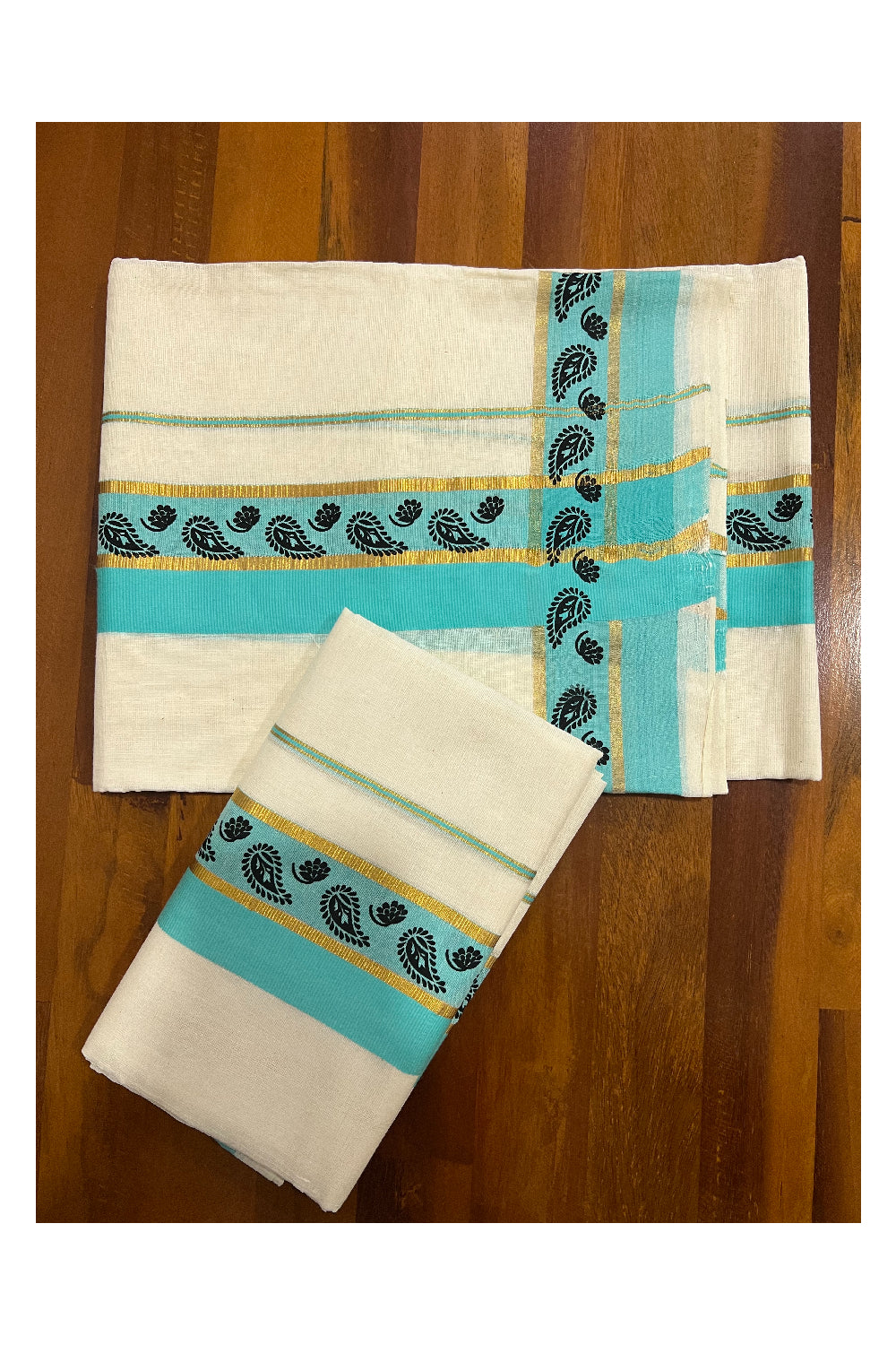 Southloom Onam 2022 Kasavu and Turquoise Kara Set Mundu with Hand Block Print