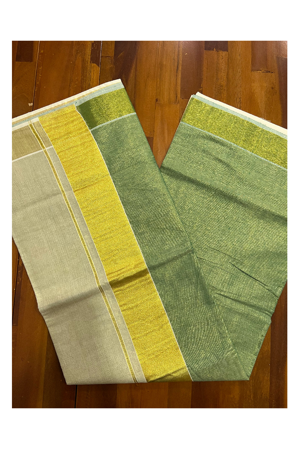 Kerala Tissue Kasavu Half and Half Gareen Golden Coloured Saree