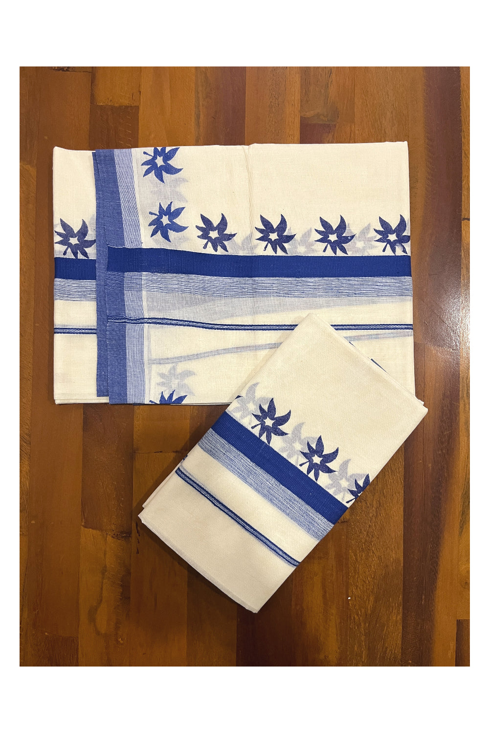 Kerala Cotton Single Set Mundu (Mundum Neriyathum) with Blue Floral Block Prints on Border