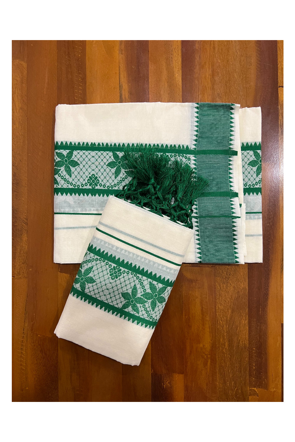 Kerala Cotton Set Mundu (Mundum Neriyathum) with Green Woven Floral Temple Work and Tassels Border