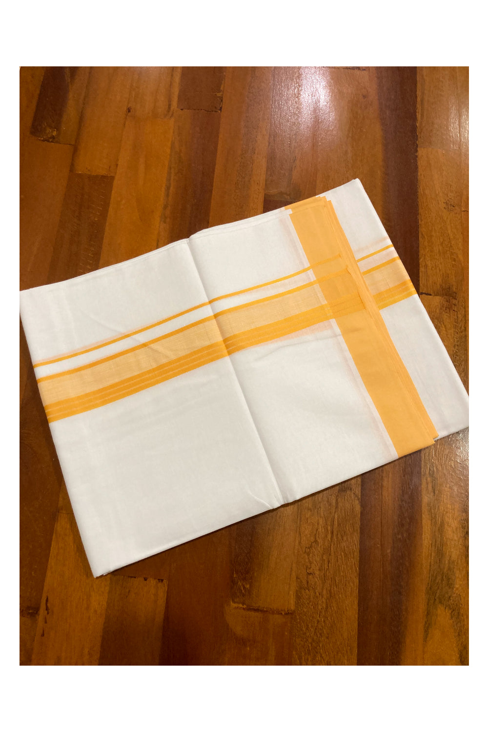 Pure White Cotton Double Mundu with Orange Border (South Indian Dhoti)