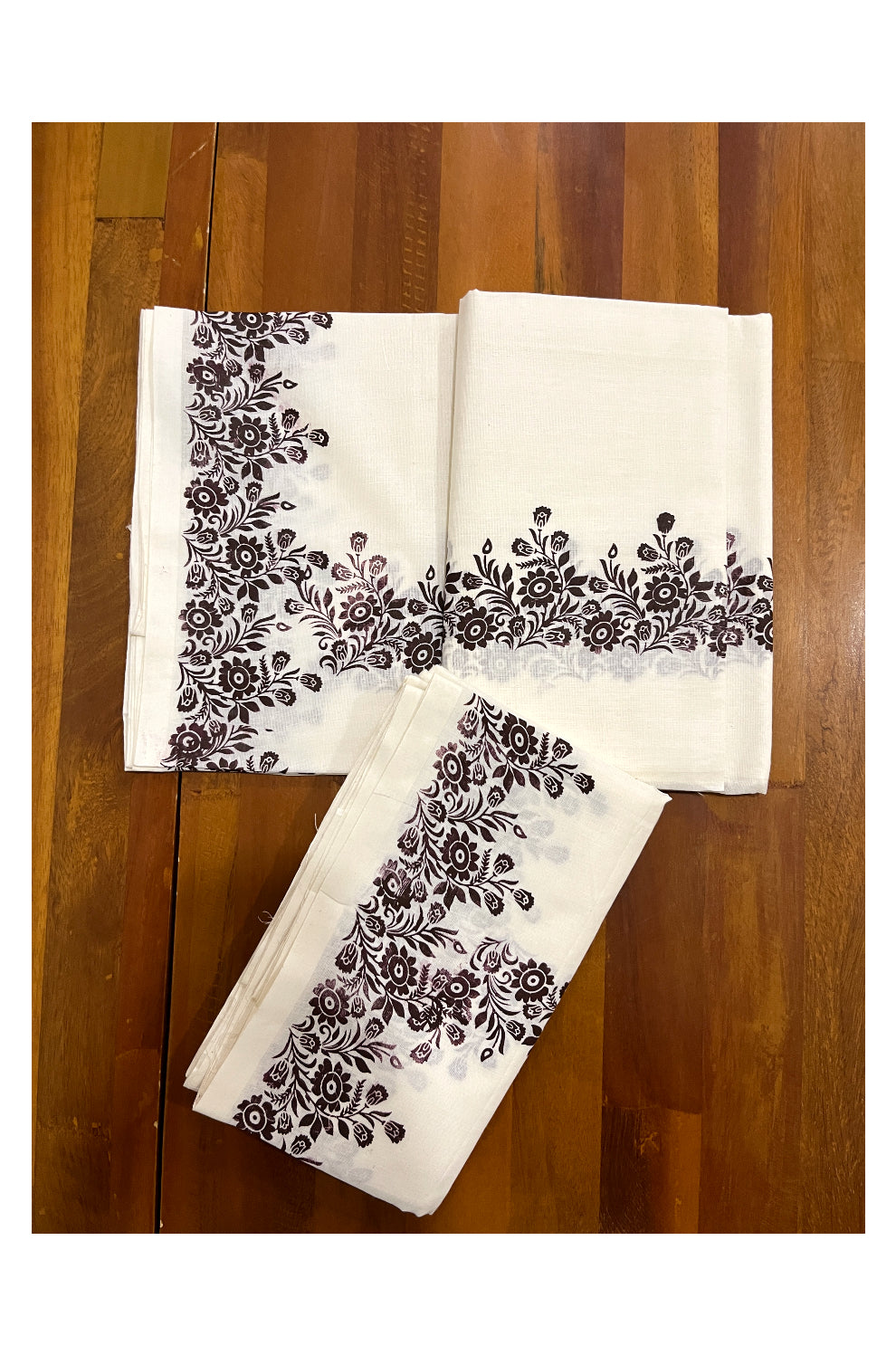 Kerala Cotton Set Mundu (Mundum Neriyathum) with Brown Floral Block Prints on Border 2.80 Mtrs