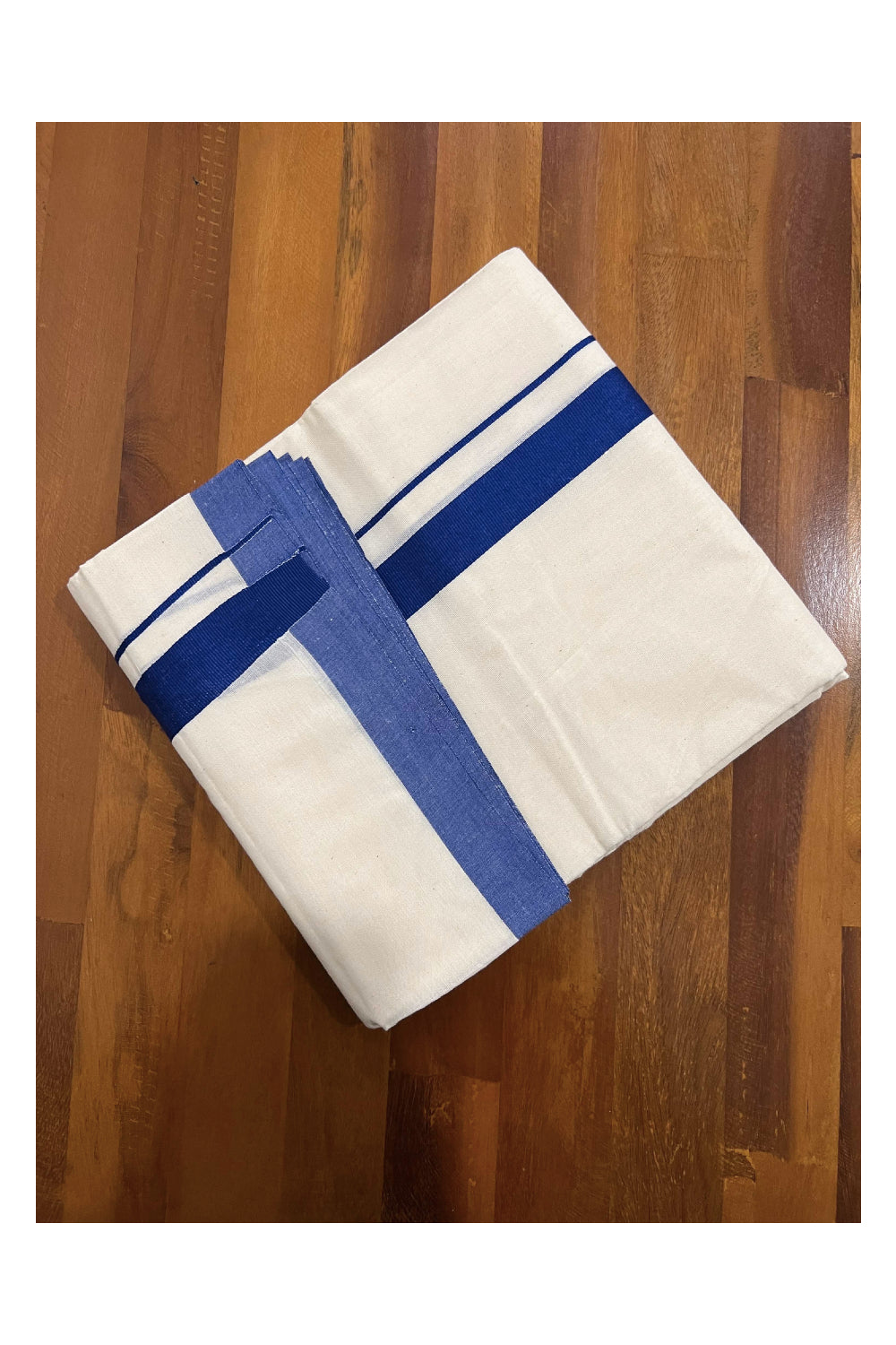 Off White Pure Cotton Double Mundu with Dark Blue Kara (South Indian Dhoti)