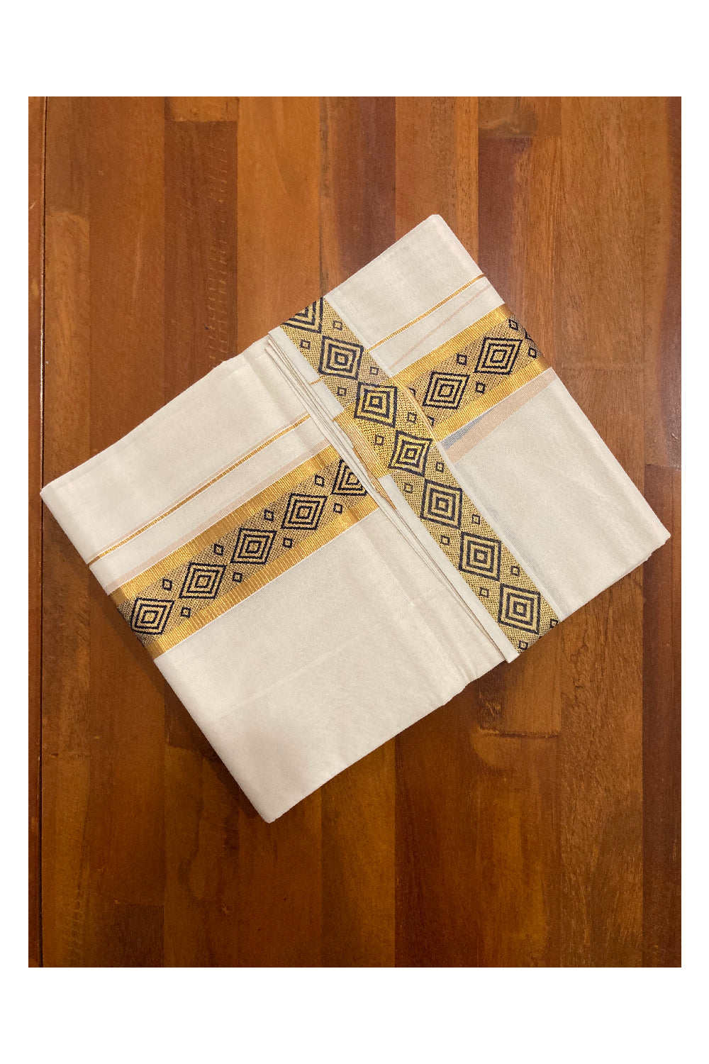 Off White Kerala Double Mundu with Kasavu and Navy Blue Woven Border (South Indian Dhoti)