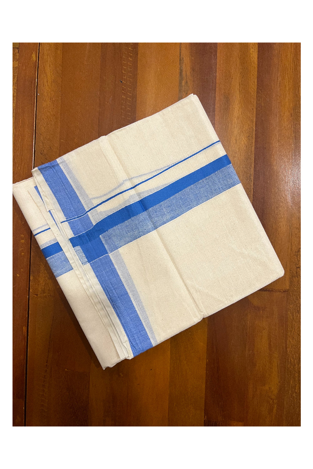 Off White Kerala Double Mundu with Blue Shaded Kara (South Indian Dhoti)