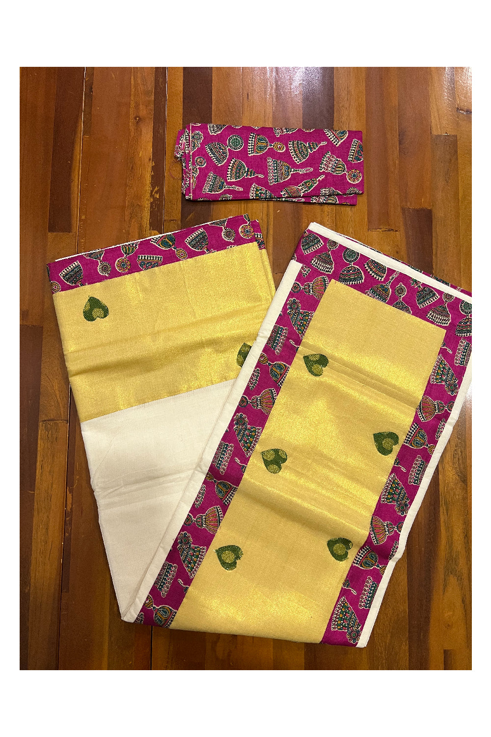 Kerala Pure Cotton Fusion Art Magenta Jimikki Kammal Printed Kasavu Saree with Printed Blouse Piece