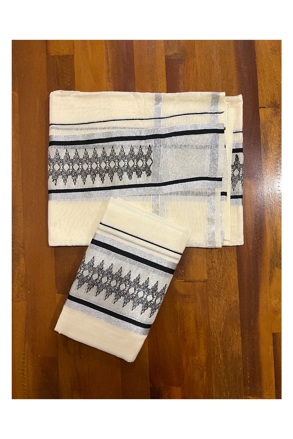 Cotton Silver Kasavu Set Mundu (Mundum Neriyathum) with Black Block Prints on Border