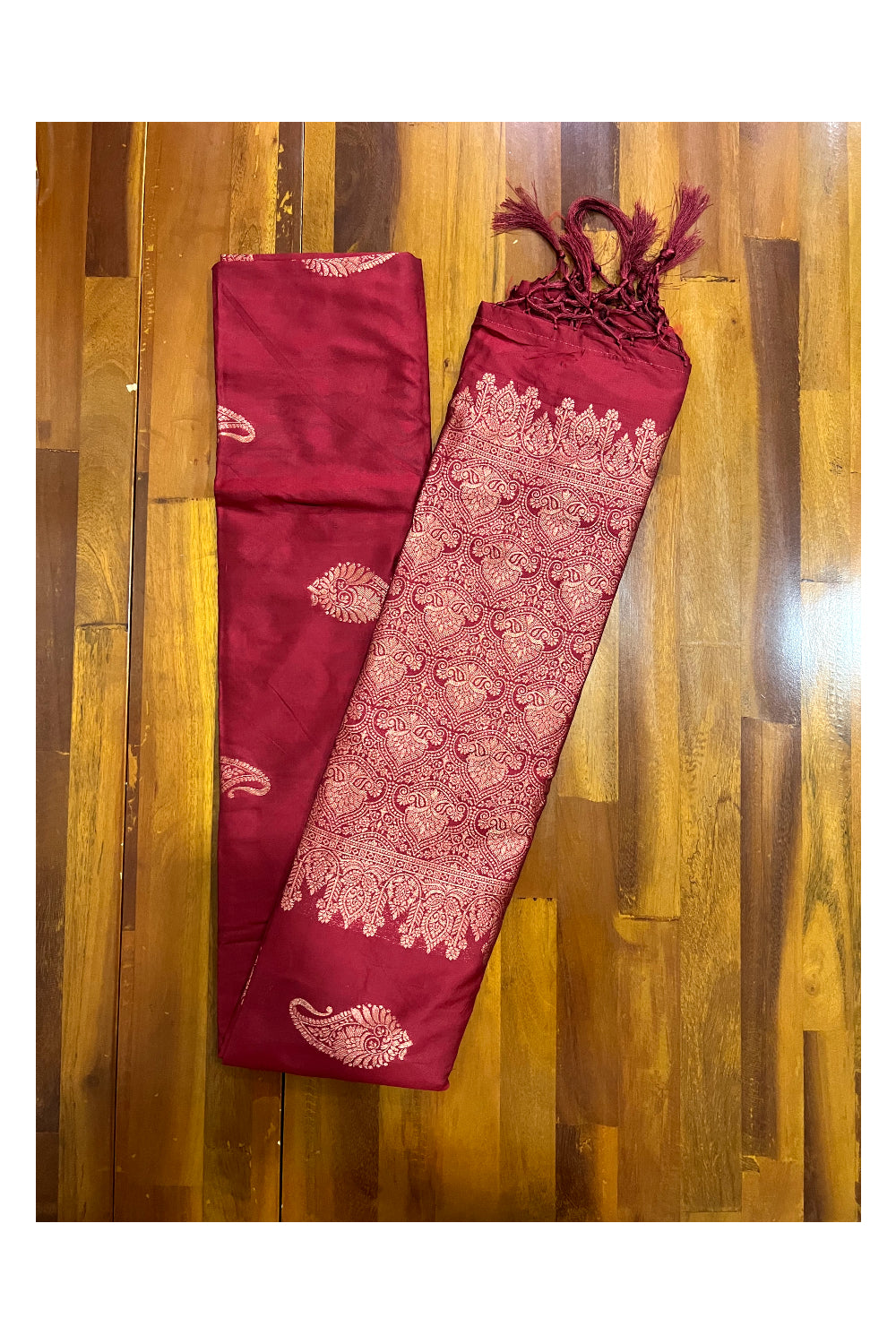 Southloom Red Semi Silk Designer Saree with Copper Kasavu Woven Works on Body