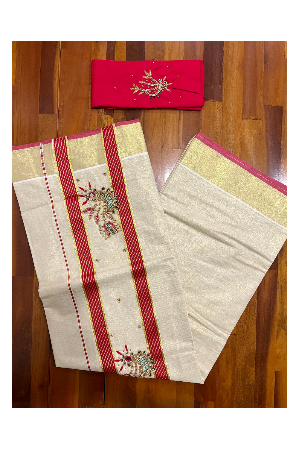 Kerala Tissue Kasavu Saree with Floral Themed Bead Work Design and Red Blouse Piece