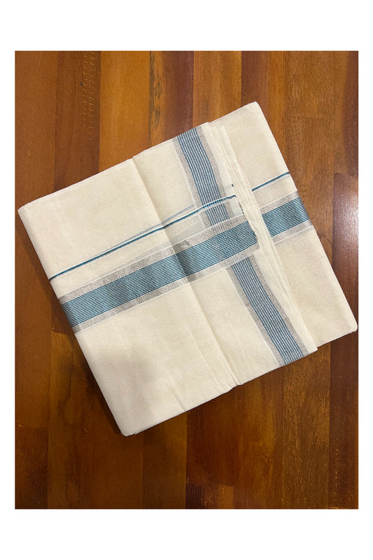 Southloom Kuthampully Handloom Pure Cotton Mundu with Silver and Light Blue Kasavu Border (South Indian Dhoti)