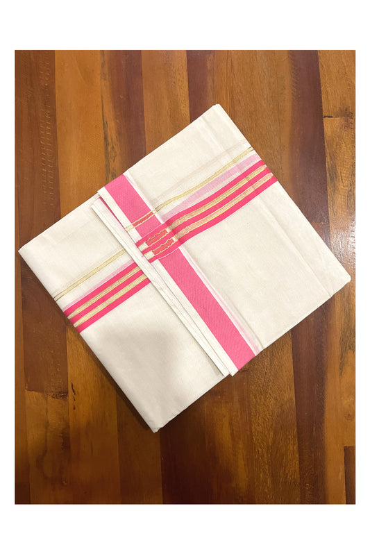 Pure Cotton Off White Double Mundu with Pink and Kasavu Kara (South Indian Kerala Dhoti)