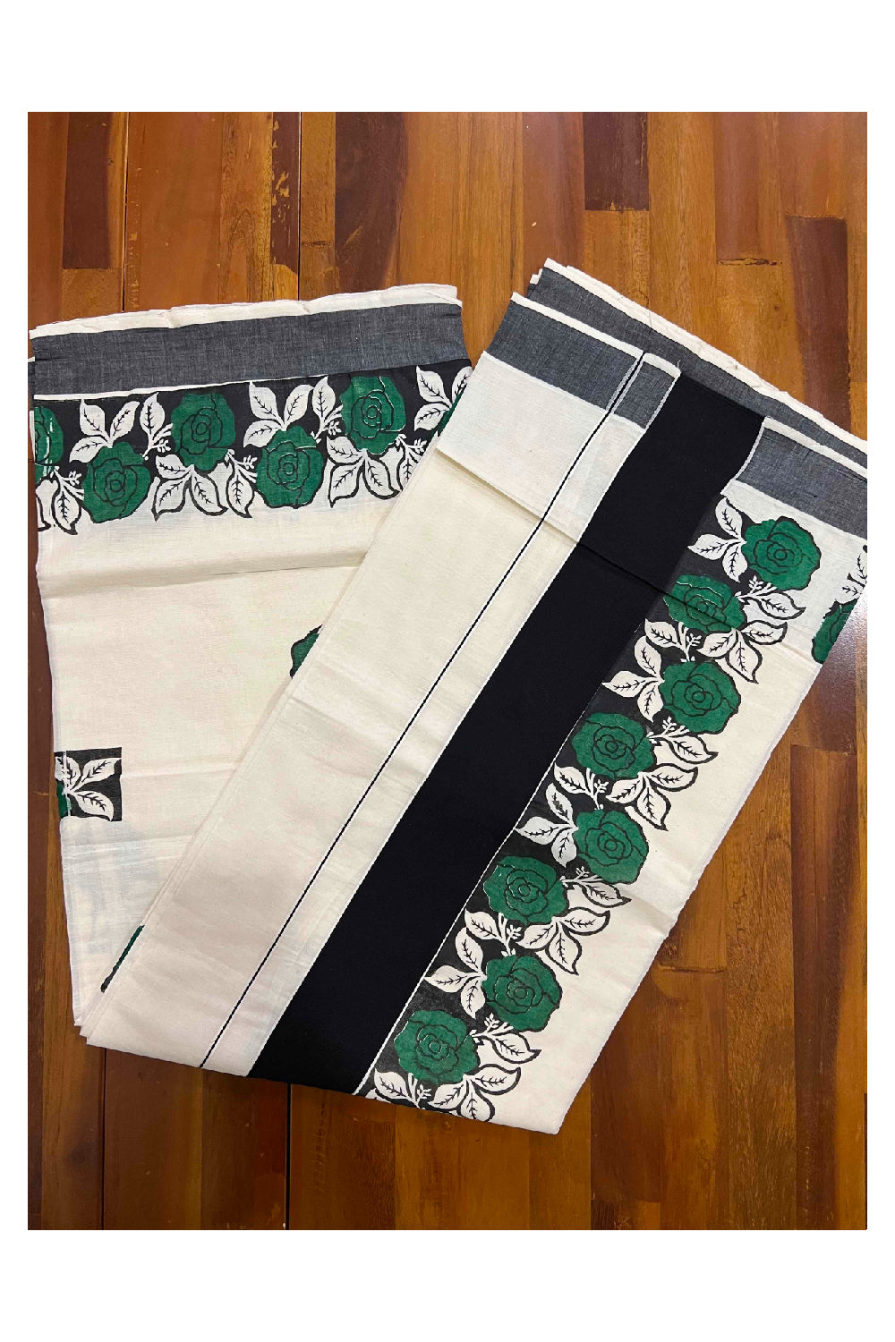 Pure Cotton Kerala Saree with Black and Green Floral Block Printed Border