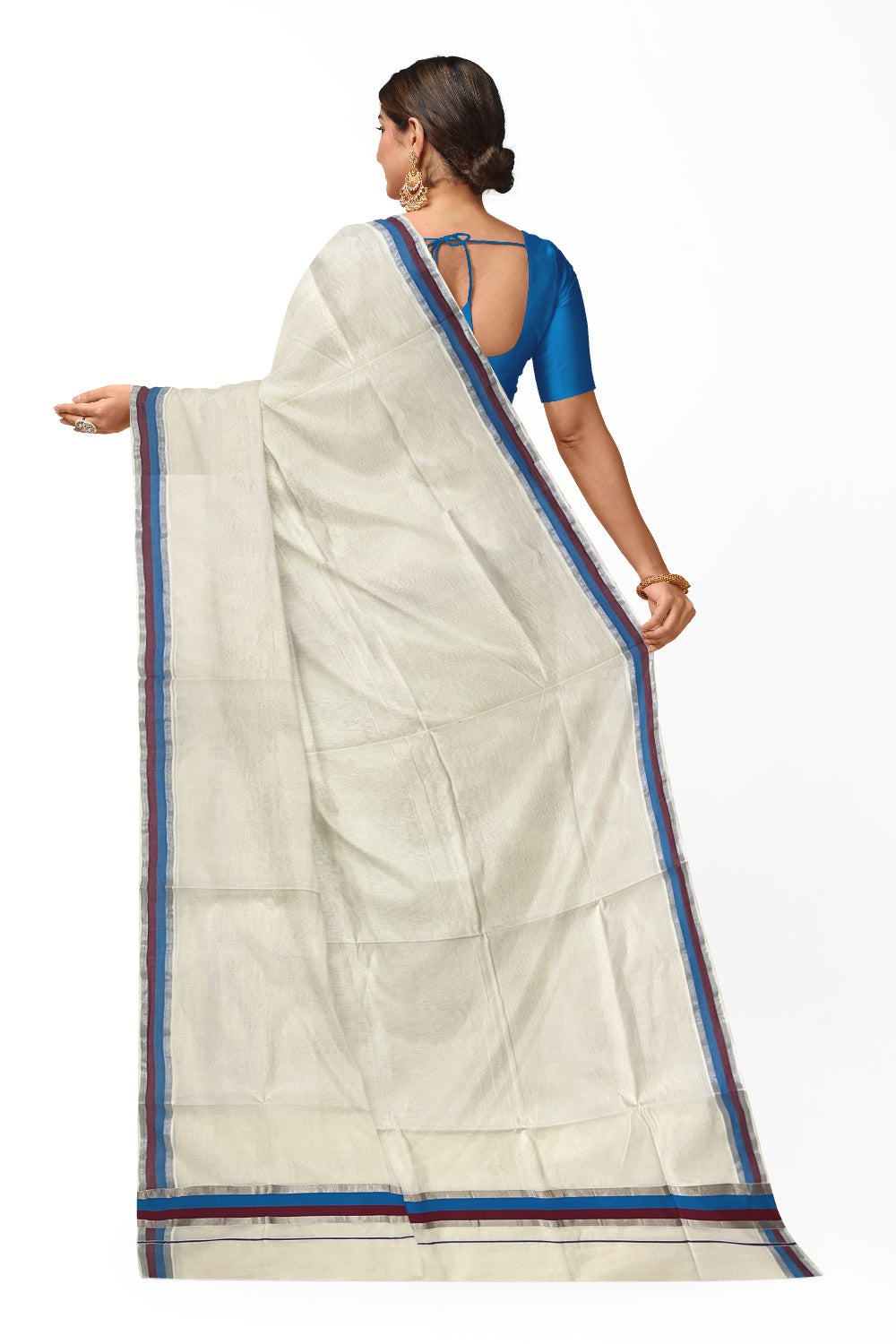 Kerala Pure Cotton Plain Saree with Silver Kasavu Blue and Maroon Border