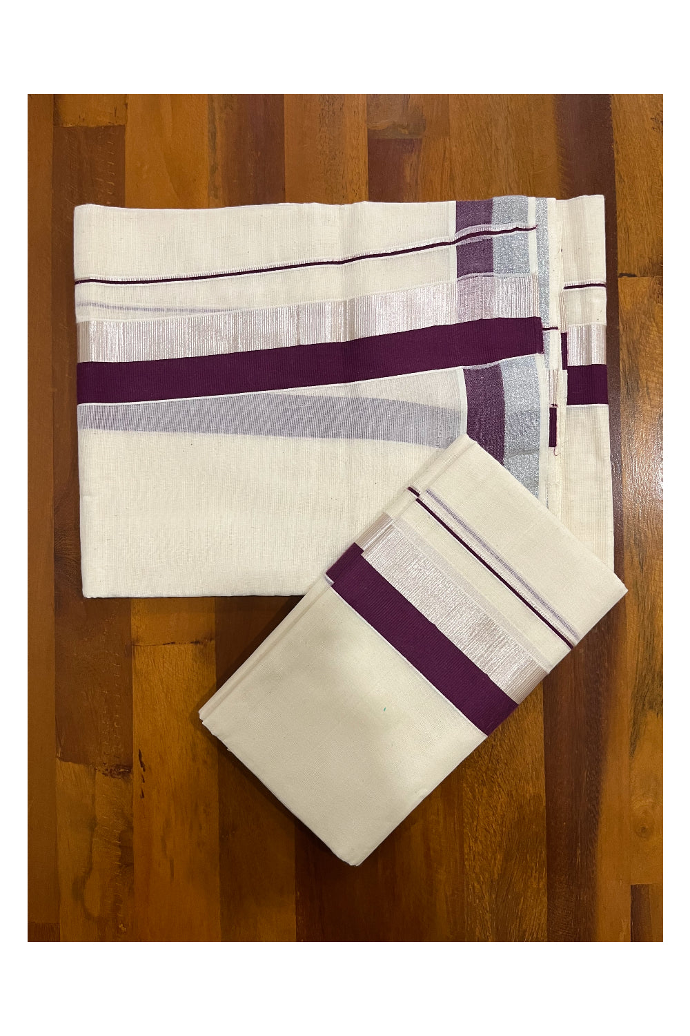 Pure Cotton Kerala Single Set Mundu (Mundum Neriyathum) with Purple and Silver Kasavu Border 2.80 Mtrs