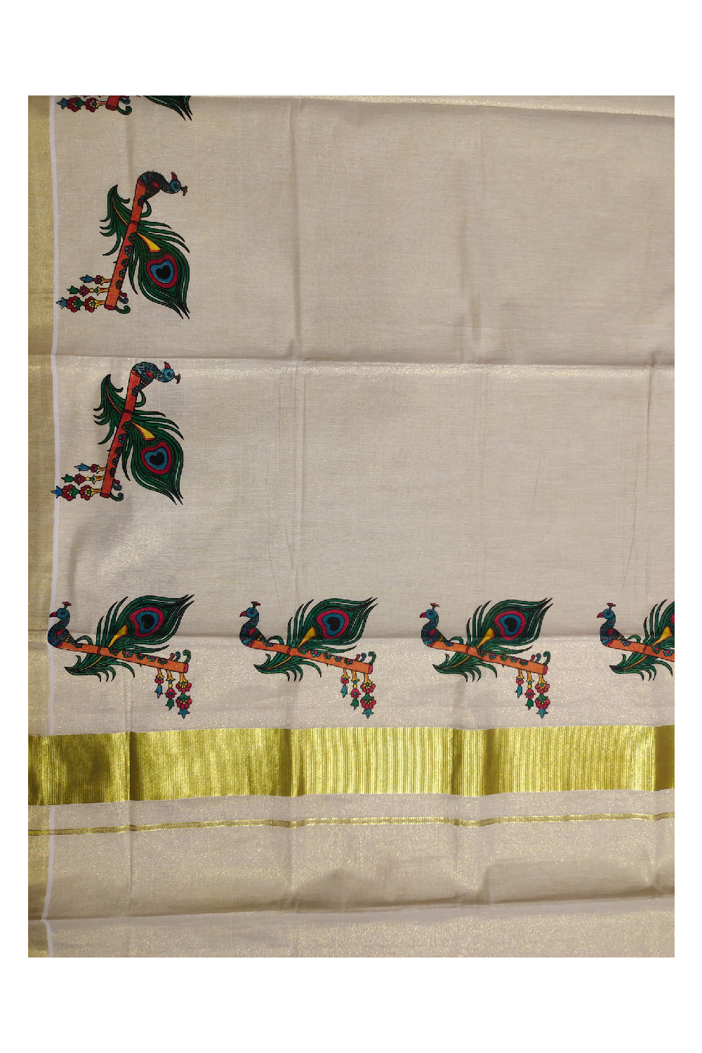 Kerala Tissue Kasavu Onam Saree With Mural Peacock Feather and Flute Design