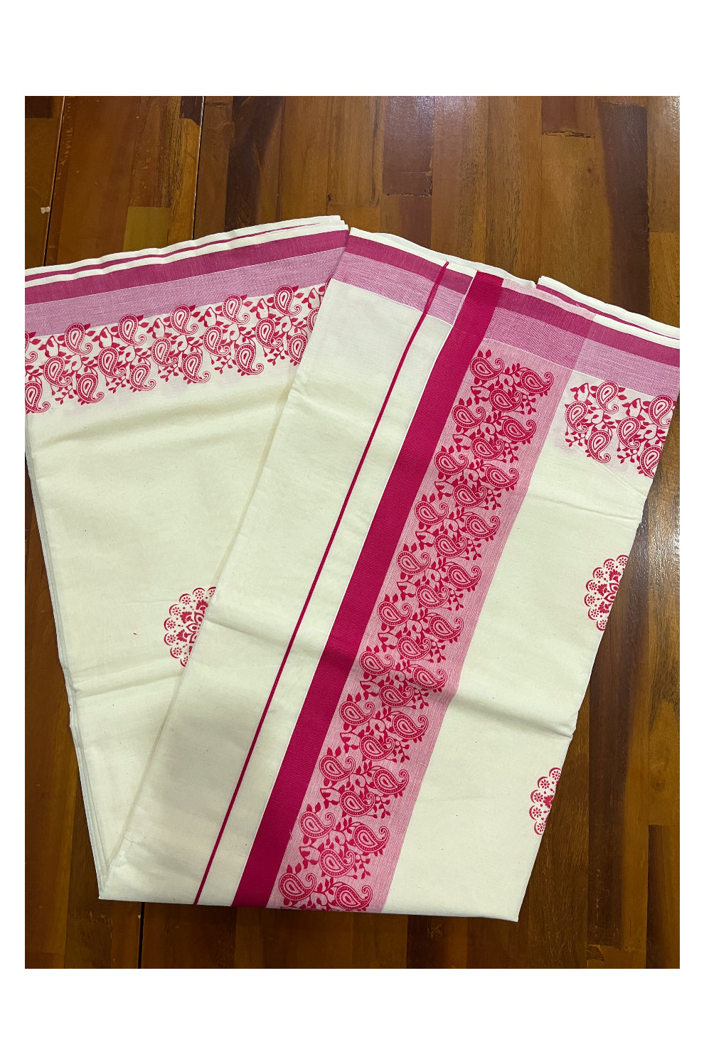 Pure Cotton Off White Kerala Saree with Pink Paisley Block Prints on Border