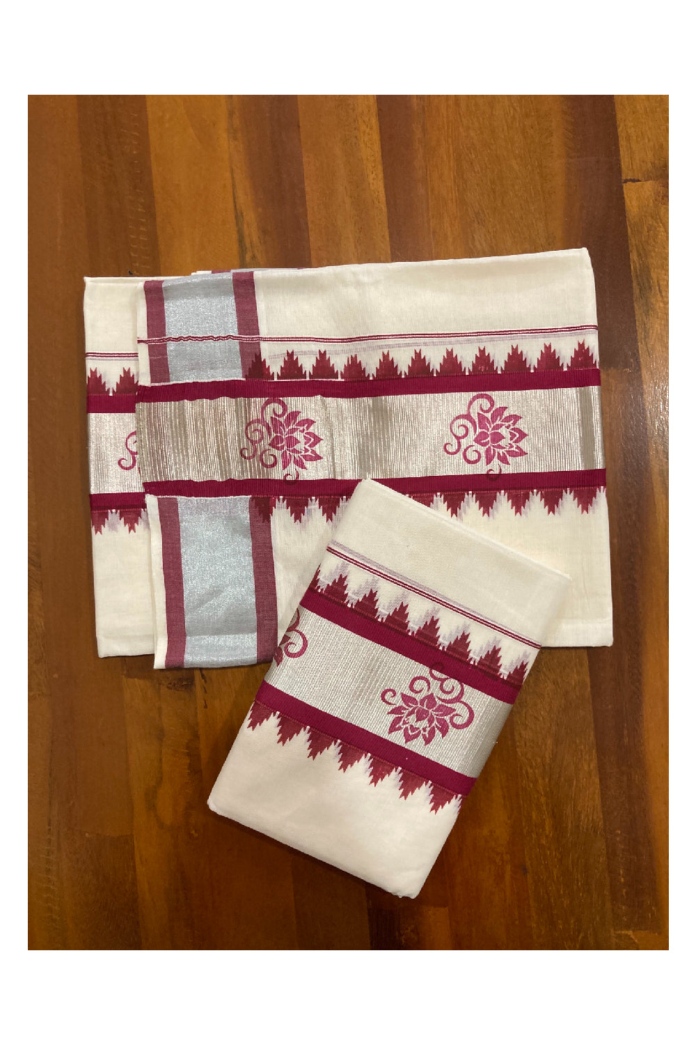 Single Set Mundu in Silver and Maroon Kara with Hand Block Prints (2.80 m)