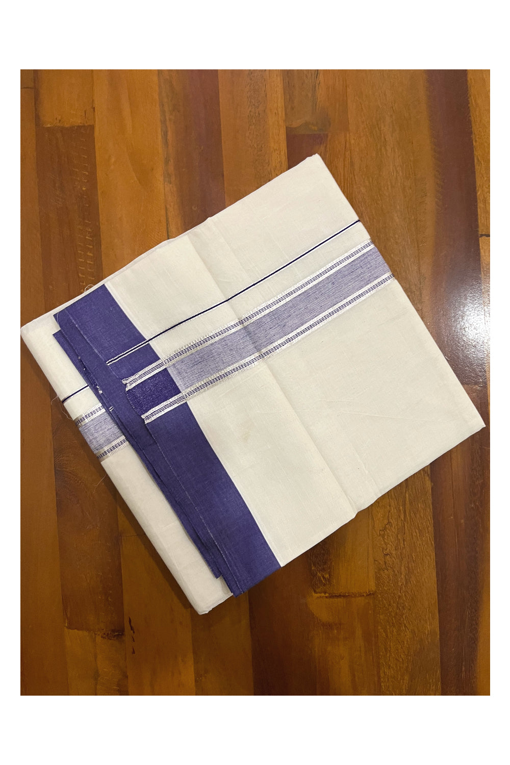 Pure Cotton Off White Double Mundu with Silver Kasavu and Purple Border (South Indian Dhoti)