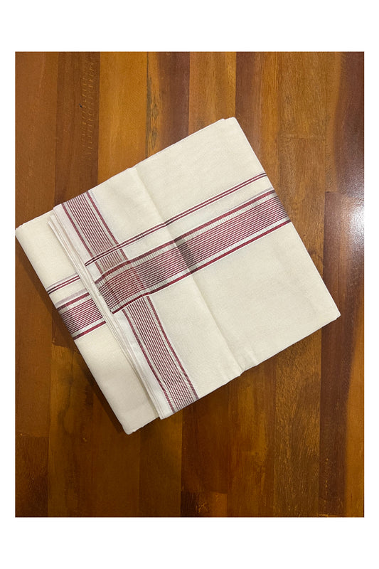 Southloom Kuthampully Handloom Pure Cotton Mundu with Silver and Brownish Maroon Kasavu Line Border (South Indian Dhoti)