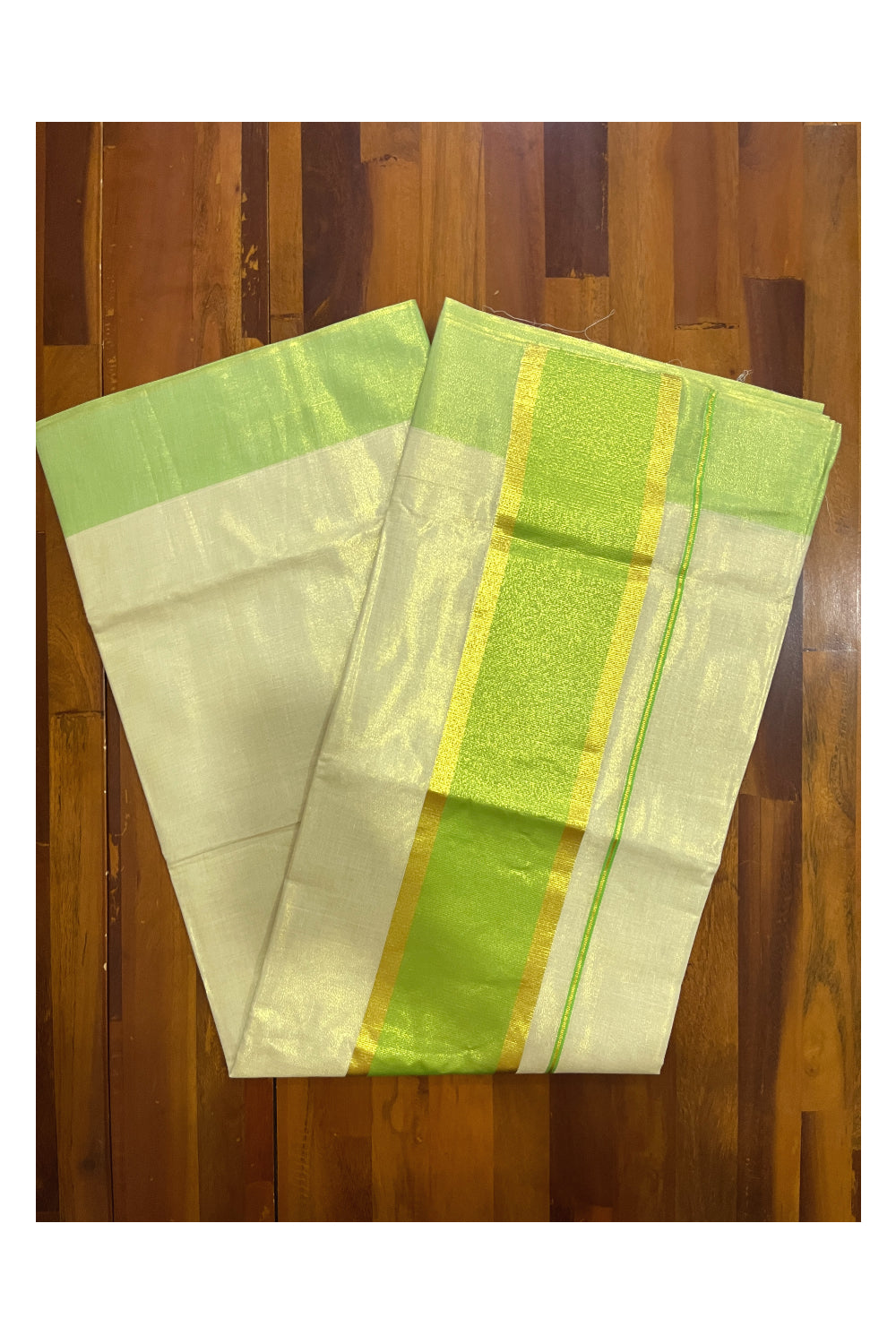 Kerala Tissue Kasavu Plain Saree with Green and Kasavu Border