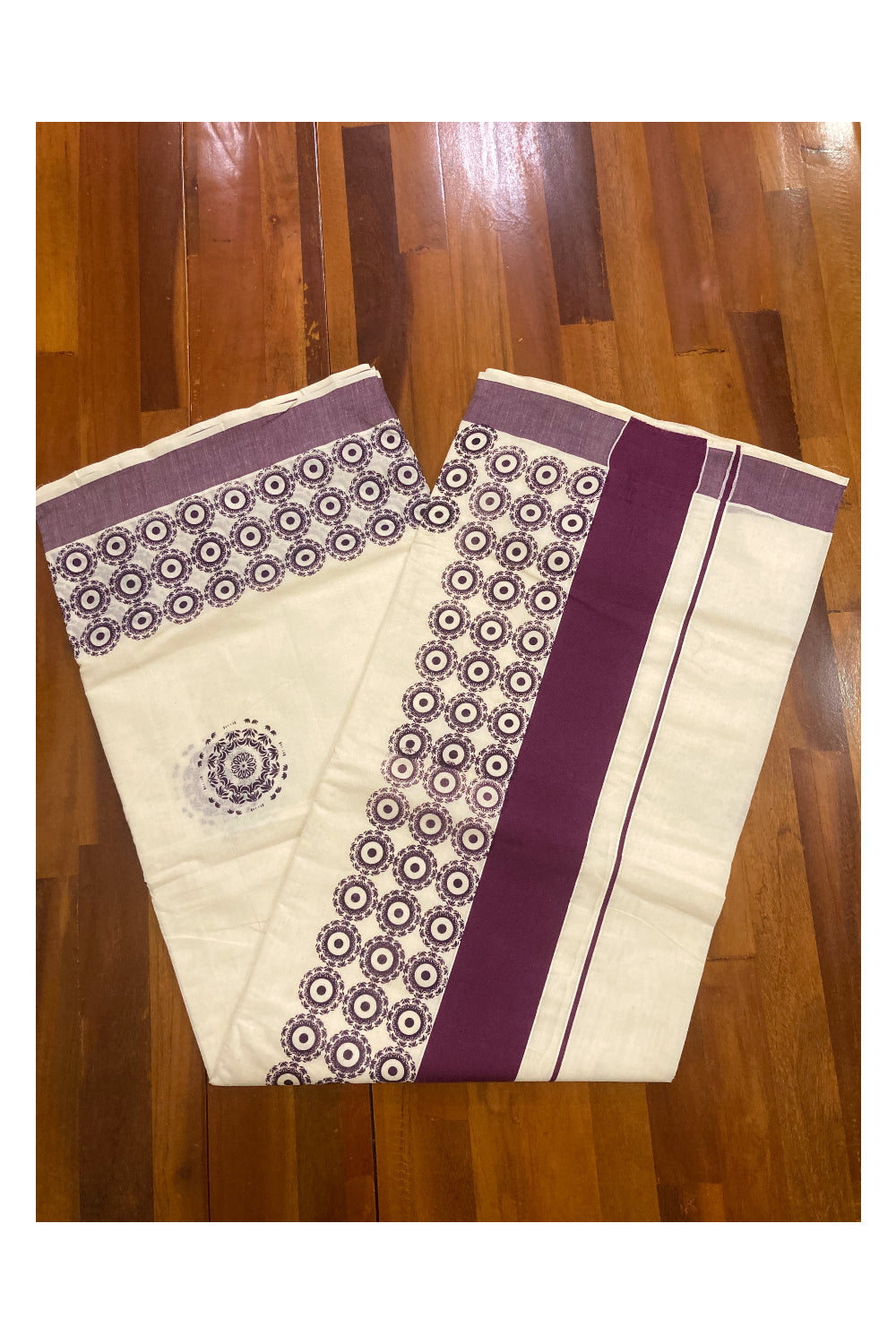 Pure Cotton Kerala Saree with Purple Block Prints on Border and Pallu