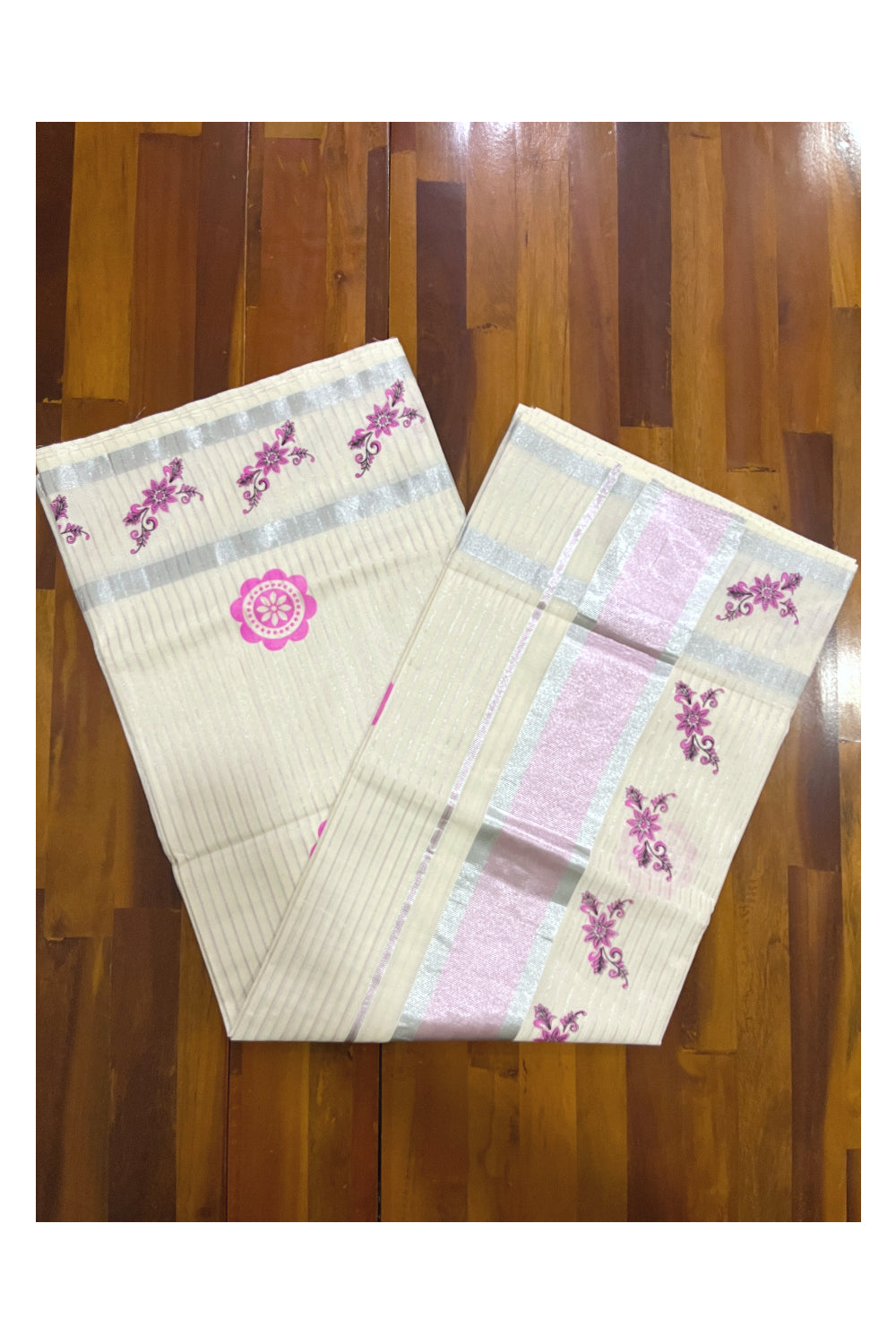 Pure Cotton Kerala Saree with Silver Lines Design on Body and Pink Floral Block Prints