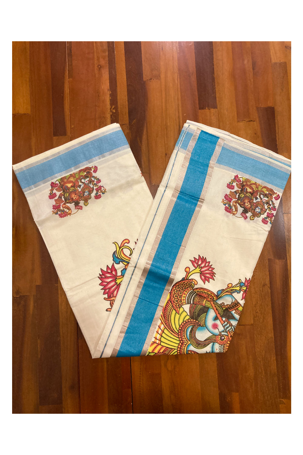 Pure Cotton Kerala Saree with Krishna Radha Mural Prints and Silver Blue Border