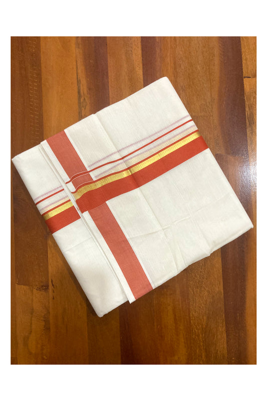 Pure Cotton Double Mundu with Orange and Kasavu Border (South Indian Dhoti)