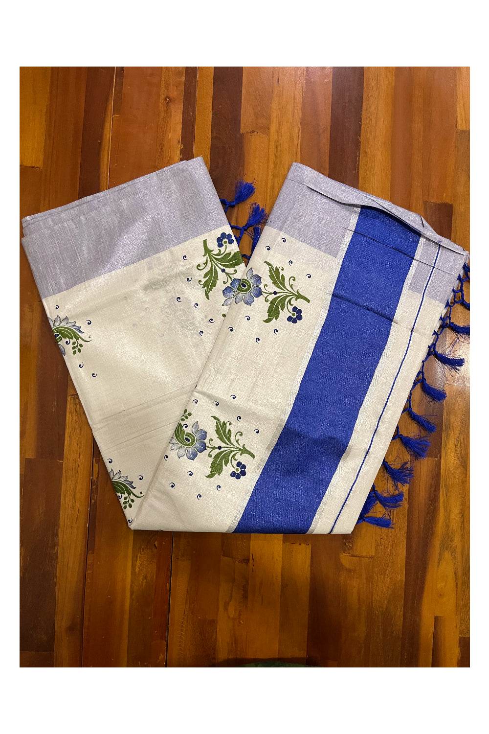 Kerala Tissue Kasavu Saree with Blue Green Mural Floral Design and Tassels on Pallu