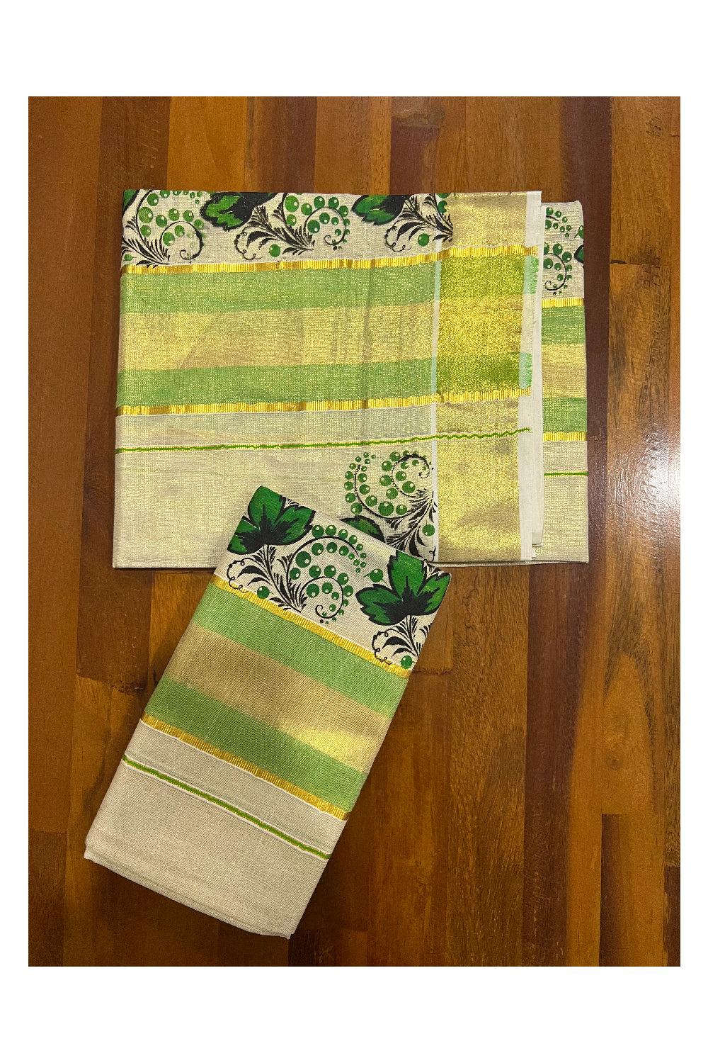 Kerala Tissue Kasavu Set Mundu (Mundum Neriyathum) with Green Floral Block Prints on Border 2.80 Mtrs