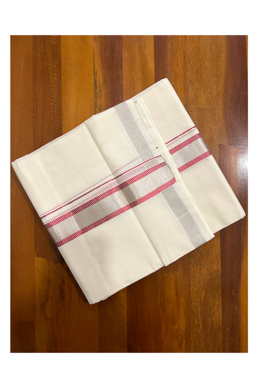 Southloom Premium Handloom Pure Cotton Mundu with Silver and Dark Red Kasavu Designer Border (South Indian Dhoti)