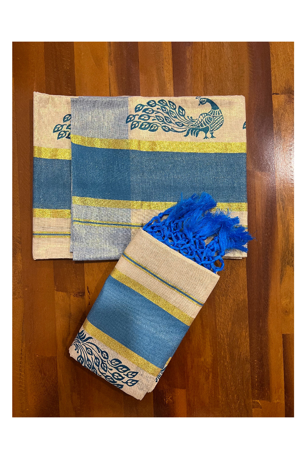 Kerala Tissue Kasavu Set Mundu (Mundum Neriyathum) with Blue Peacock Block Prints and Tassels Border