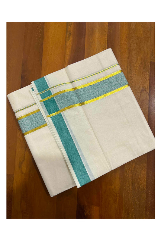 Off White Kerala Double Mundu with Kasavu and Green Border (South Indian Dhoti)