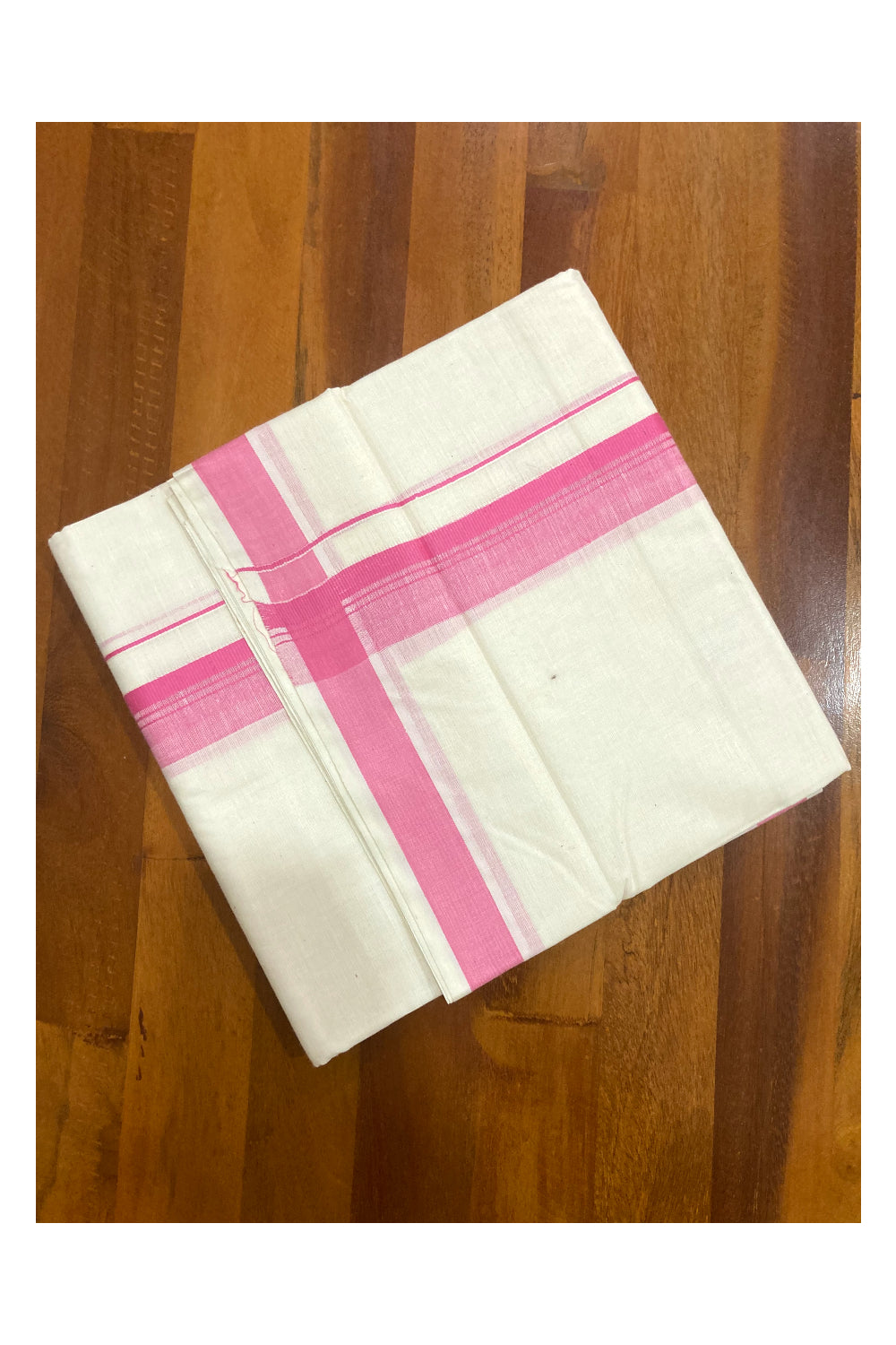 Off White Pure Cotton Double Mundu with Pink Border (South Indian Dhoti)