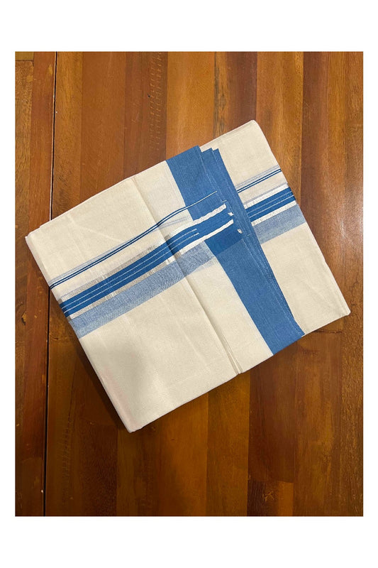 Off White Kerala Double Mundu with Silver Kasavu and Blue Border (South Indian Dhoti)