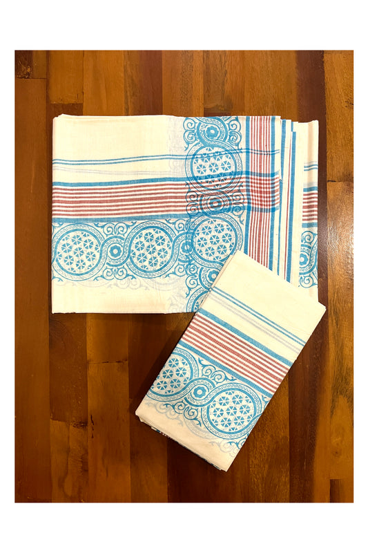 Kerala Cotton Mulloth Mundum Neriyathum Single (Set Mundu) with Blue Block Printed Border (Extra Soft Cotton)
